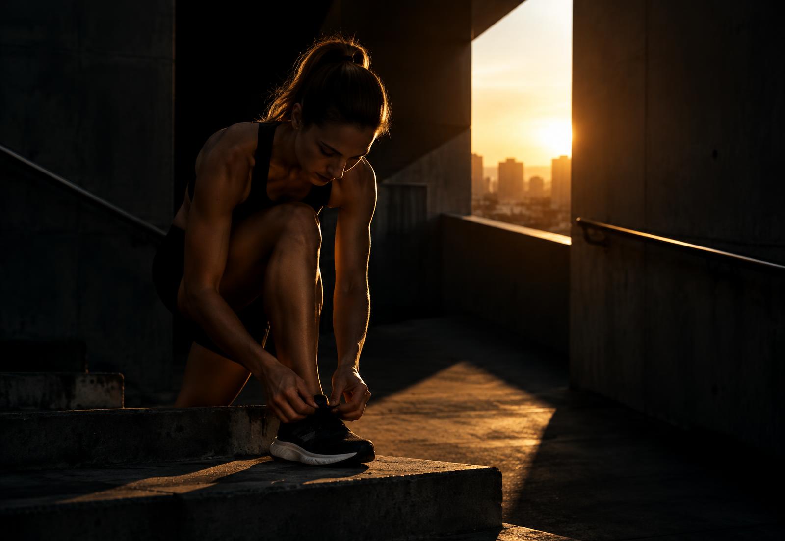 Athlete lacing a running shoe on concrete steps at sunrise