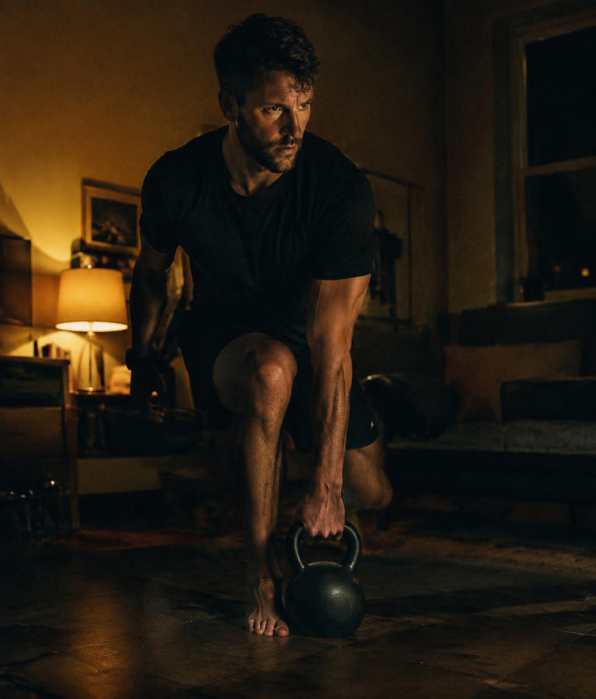 Adult training with a kettlebell at home in the evening